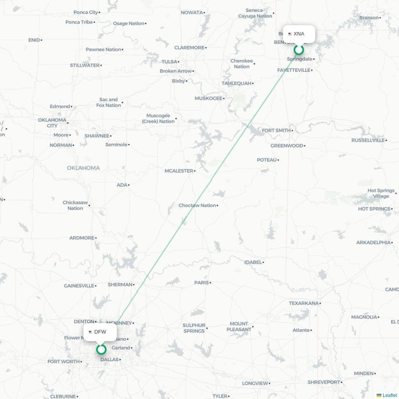 XNA - DFW route map