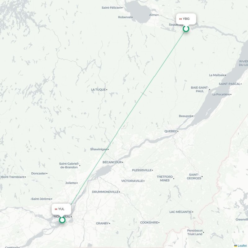 YBG - YUL route map