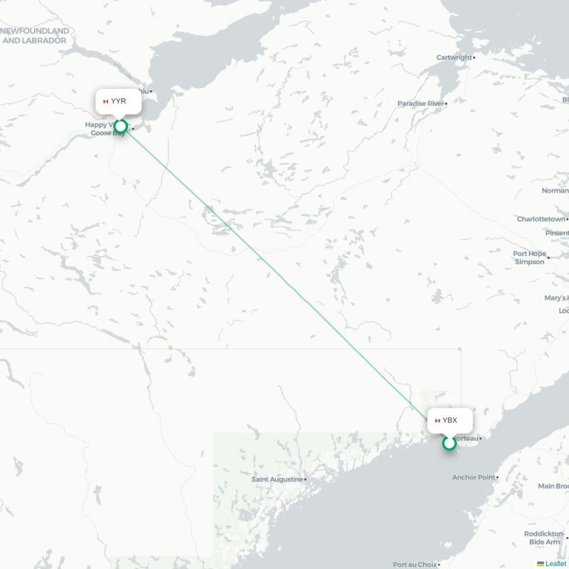 YBX - YYR route map