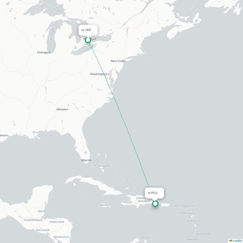 YKF - PUJ route map
