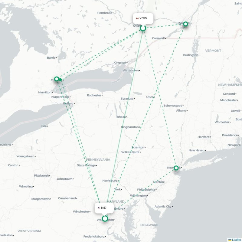 YOW - IAD route map
