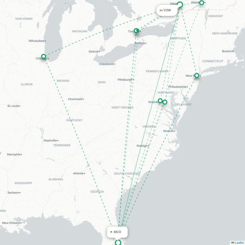 YOW - MCO route map