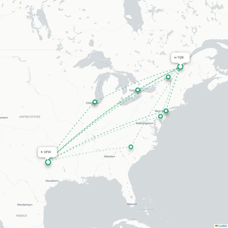 YQB - DFW route map