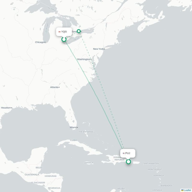 YQG - PUJ route map