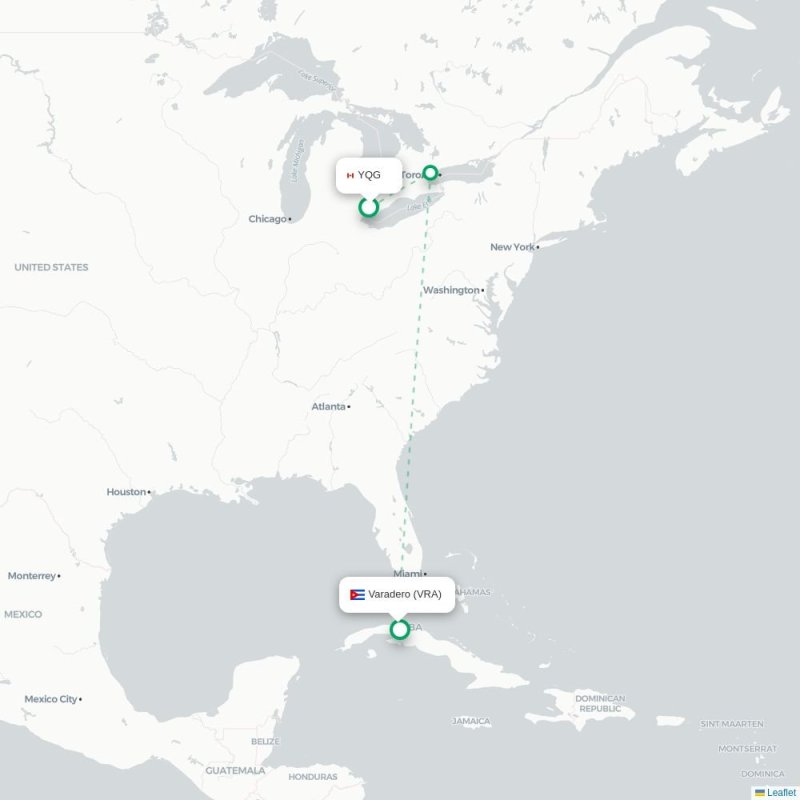 YQG - VRA route map
