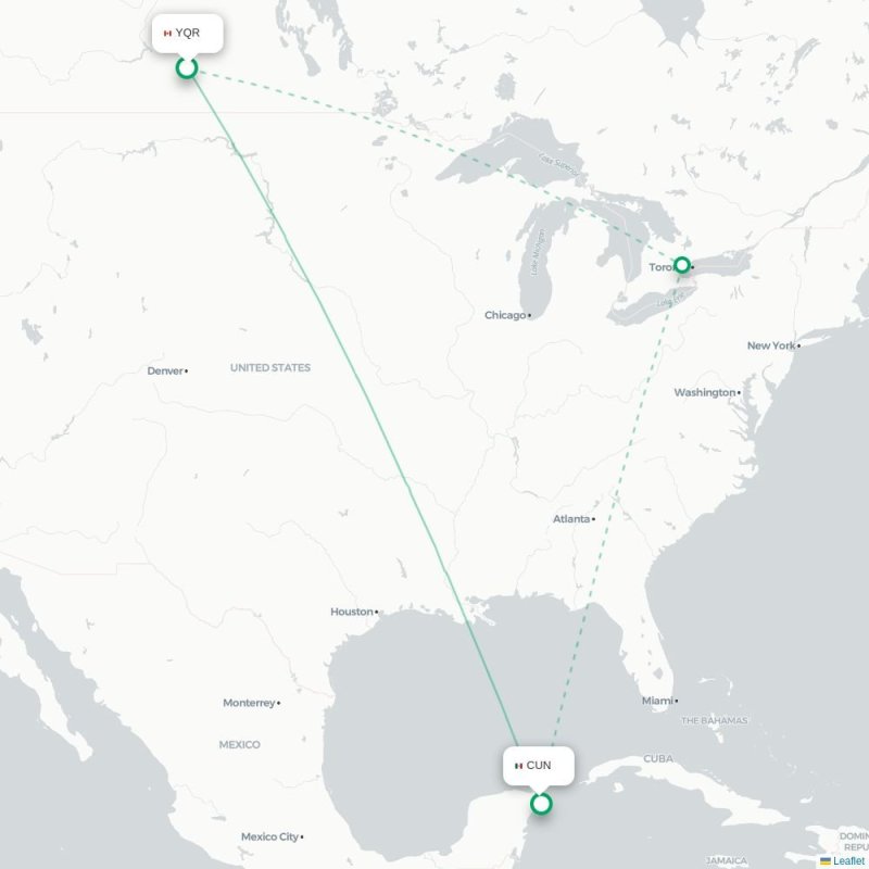 YQR - CUN route map