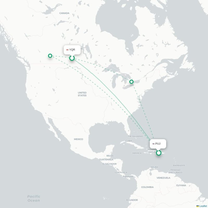 YQR - PUJ route map
