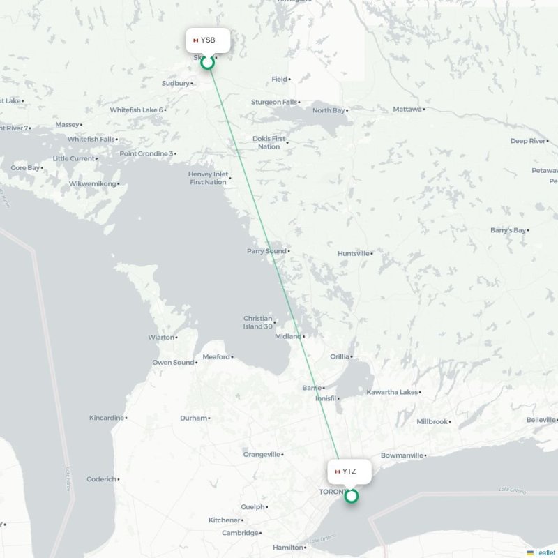 YSB - YTZ route map