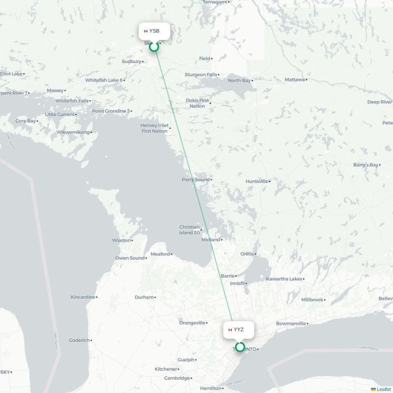 YSB - YYZ route map