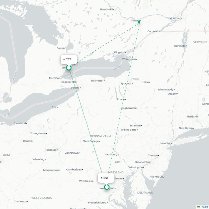 YTZ - IAD route map