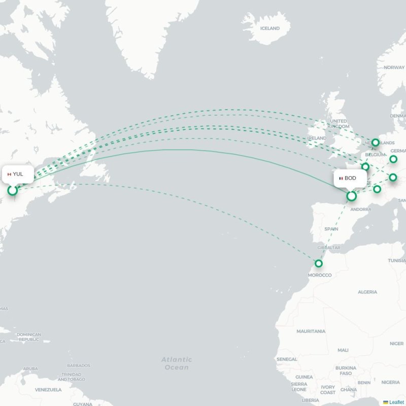 YUL - BOD route map