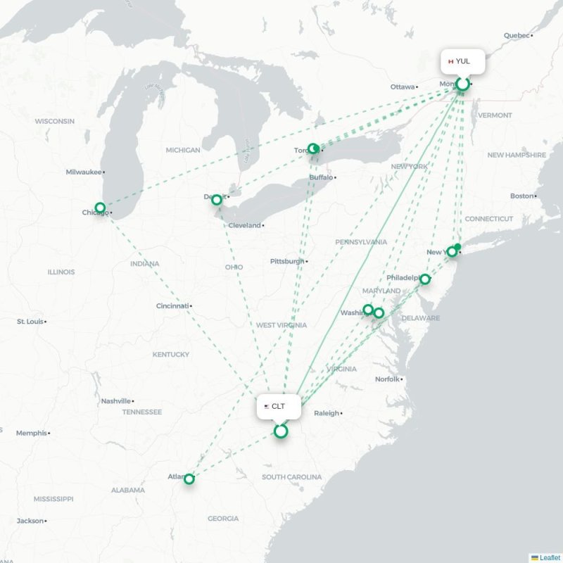 YUL - CLT route map