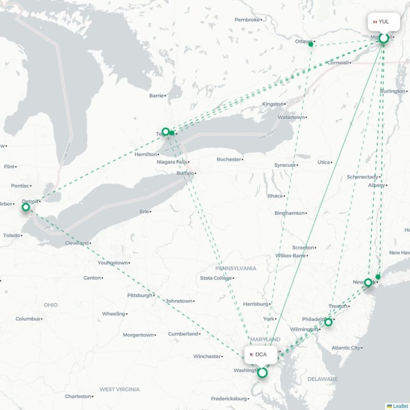 YUL - DCA route map