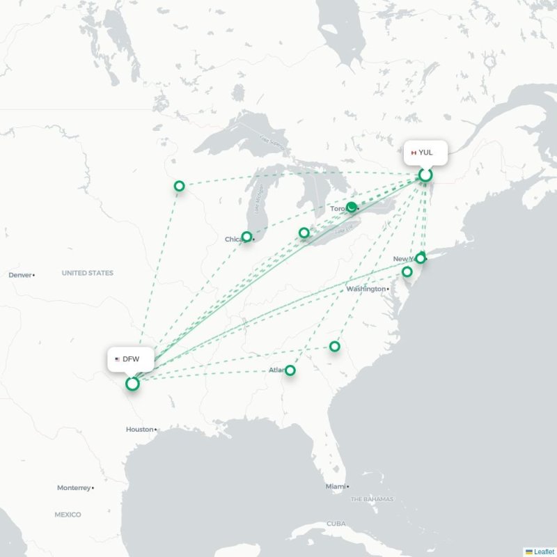 YUL - DFW route map