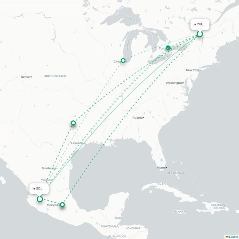 YUL - GDL route map