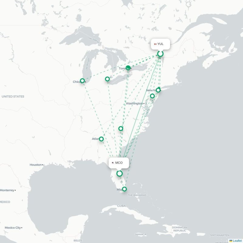 YUL - MCO route map