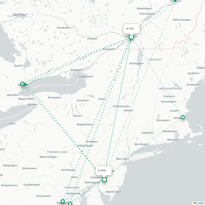 YUL - PHL route map