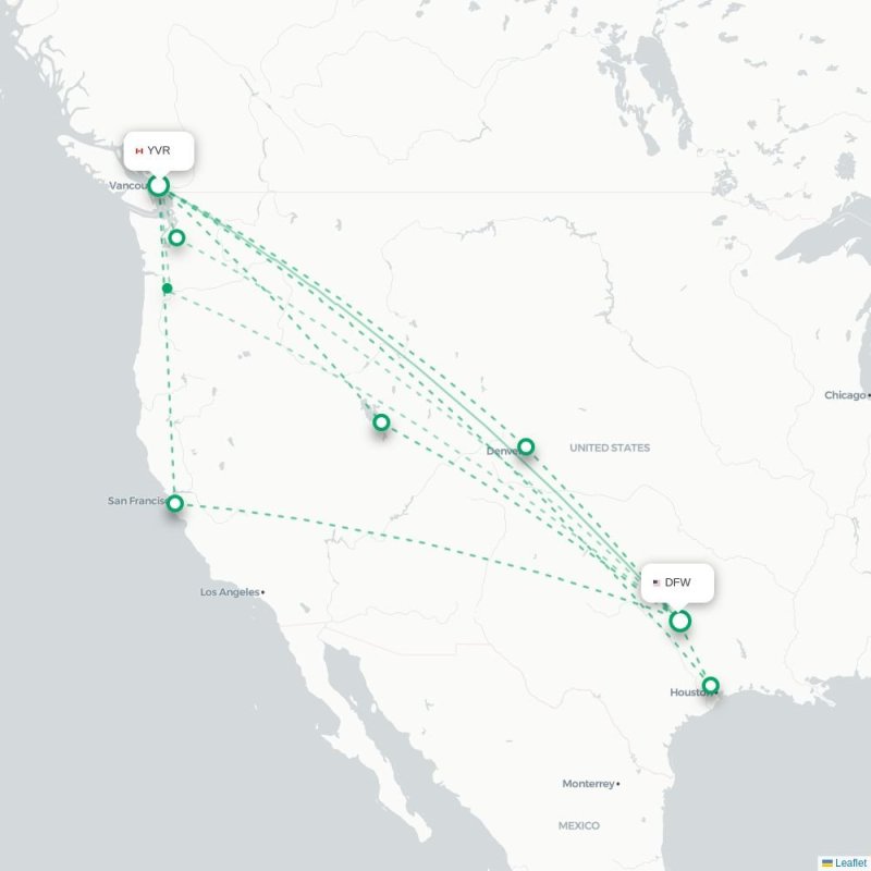 YVR - DFW route map