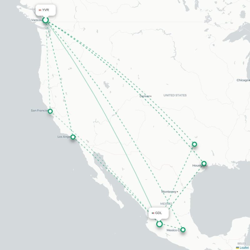 YVR - GDL route map