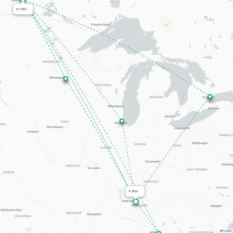 YWG - BNA route map