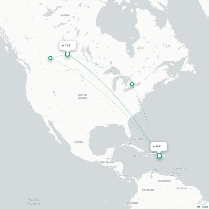 YXE - PUJ route map