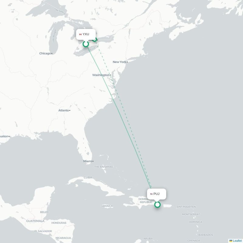 YXU - PUJ route map