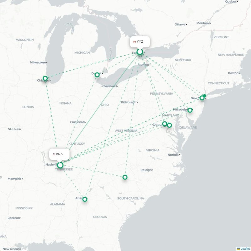 YYZ - BNA route map