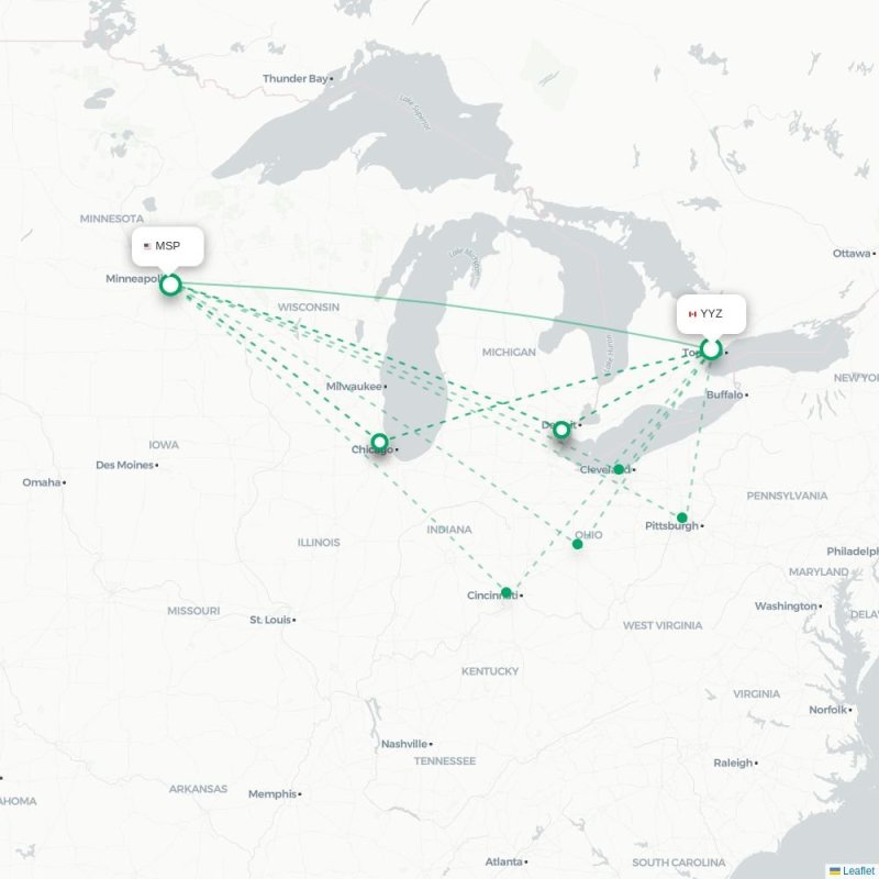 YYZ - MSP route map