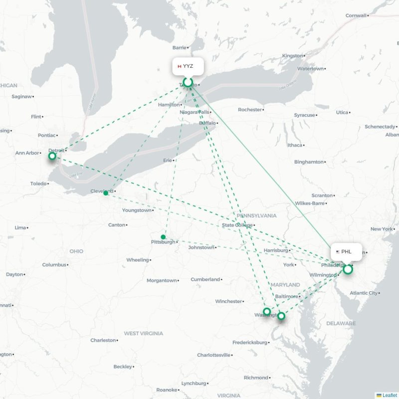 YYZ - PHL route map