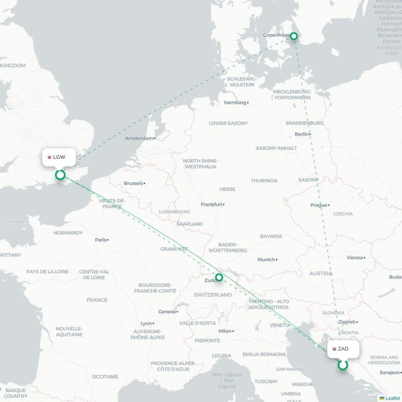 ZAD - LGW route map