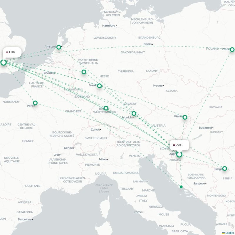 ZAG - LHR route map