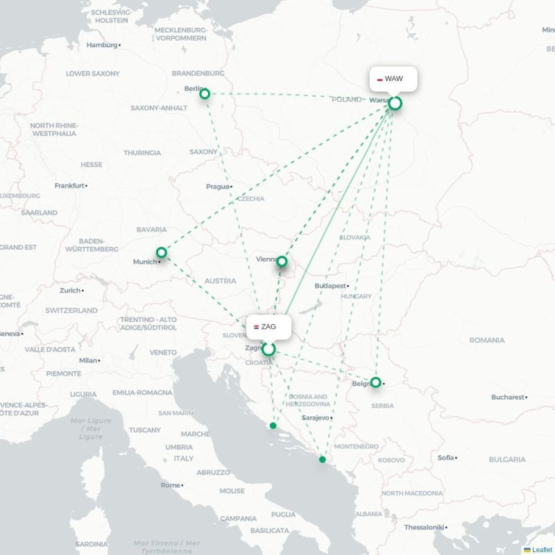 ZAG - WAW route map