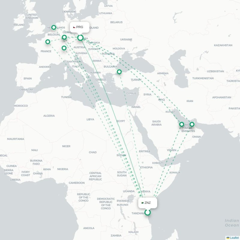 ZNZ - PRG route map