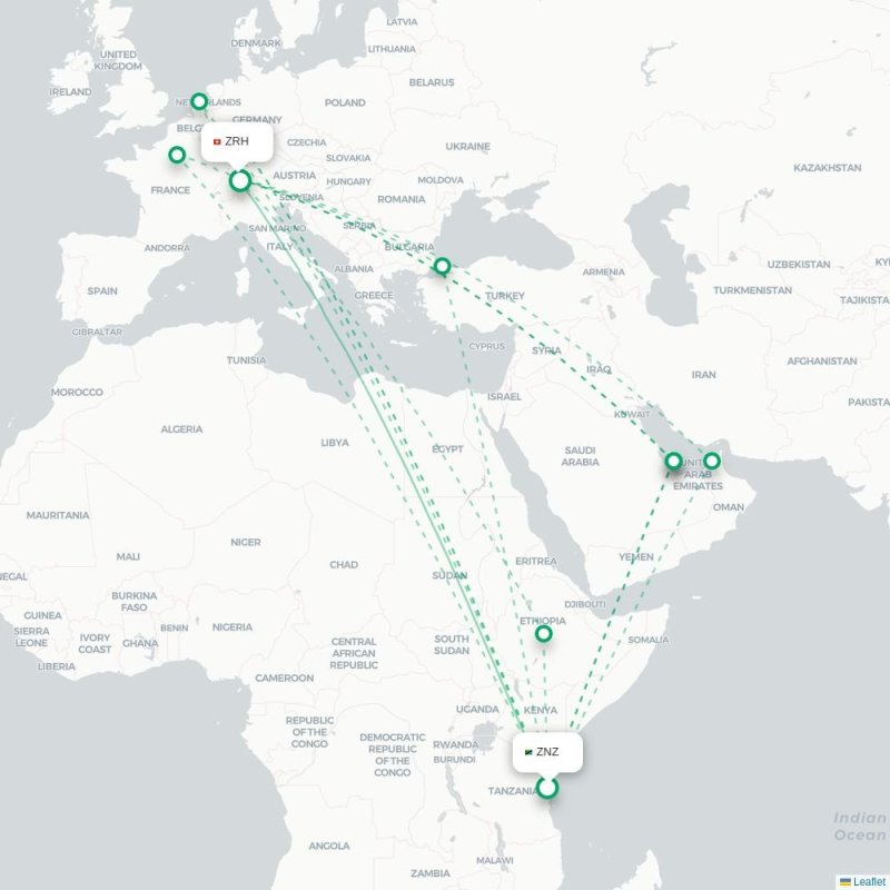 ZNZ - ZRH route map