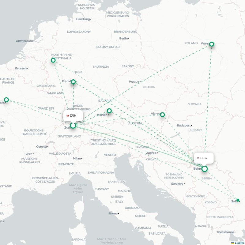 ZRH - BEG route map