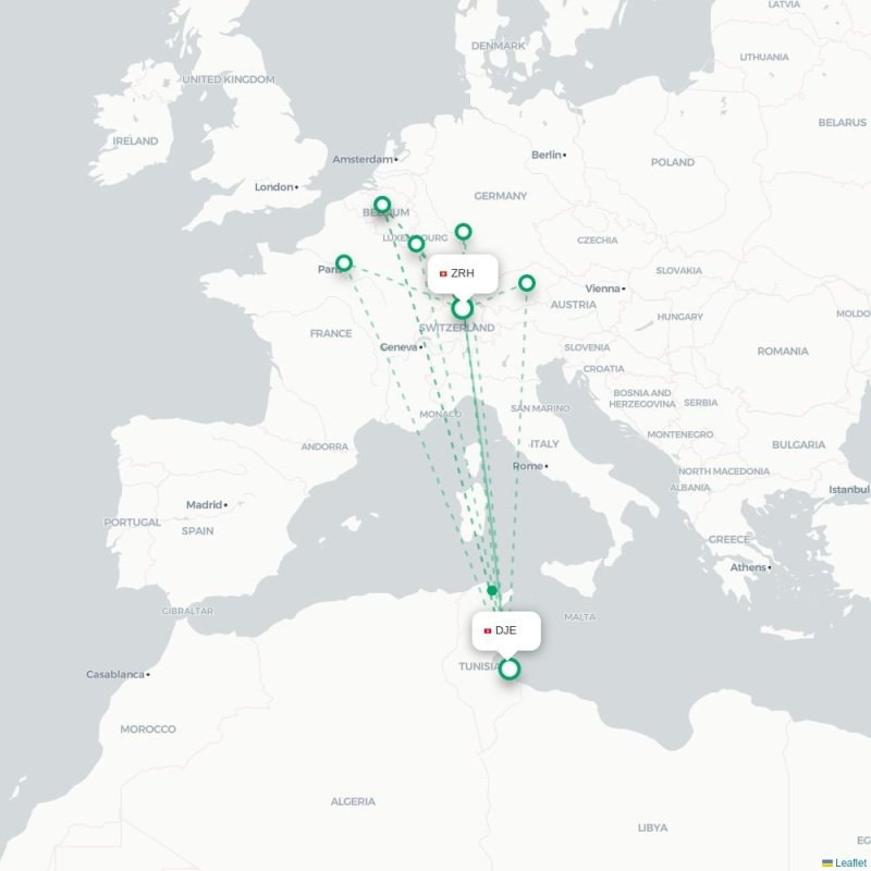 ZRH - DJE route map