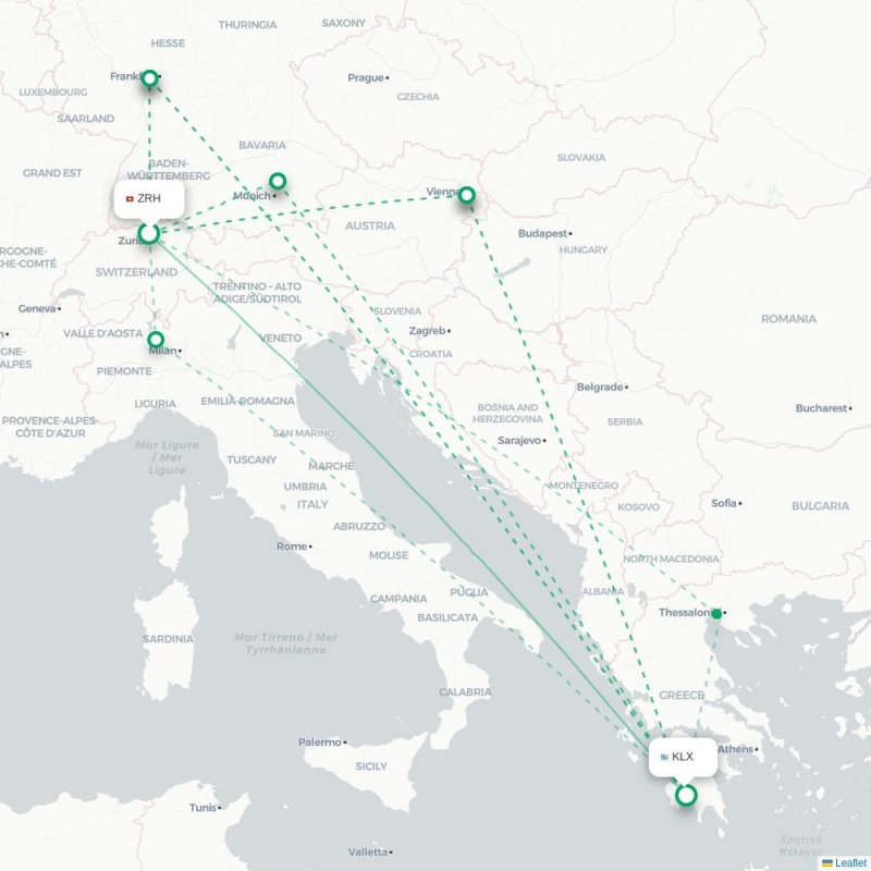 ZRH - KLX route map