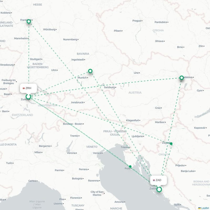 ZRH - ZAD route map