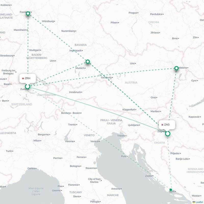ZRH - ZAG route map