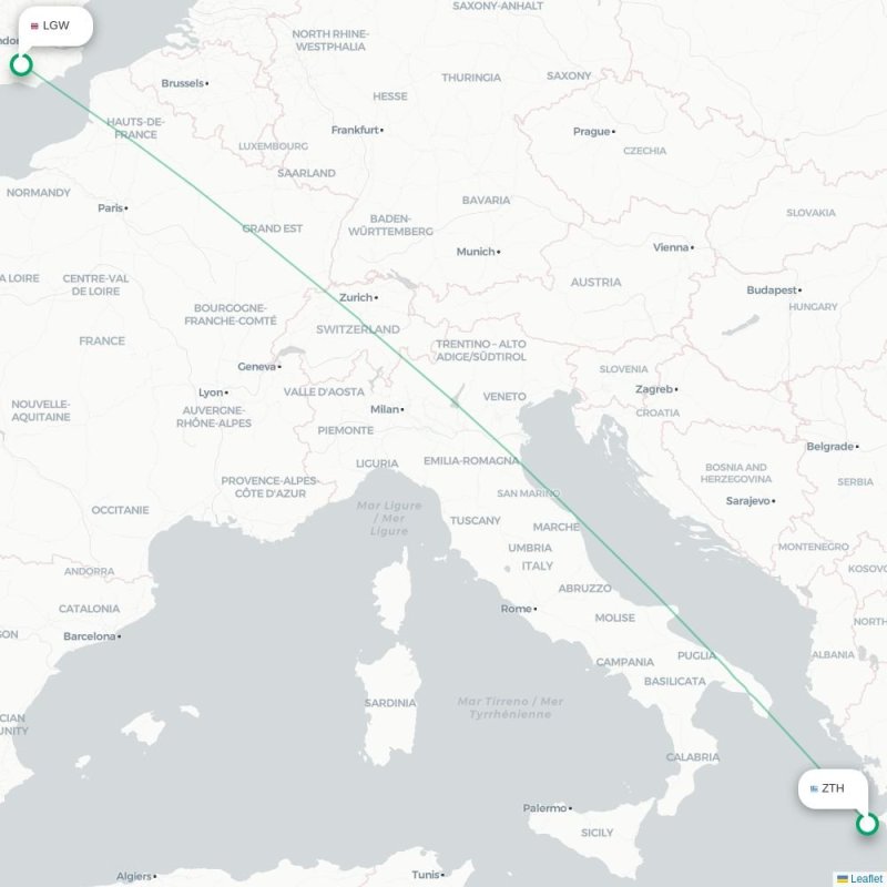 ZTH - LGW route map